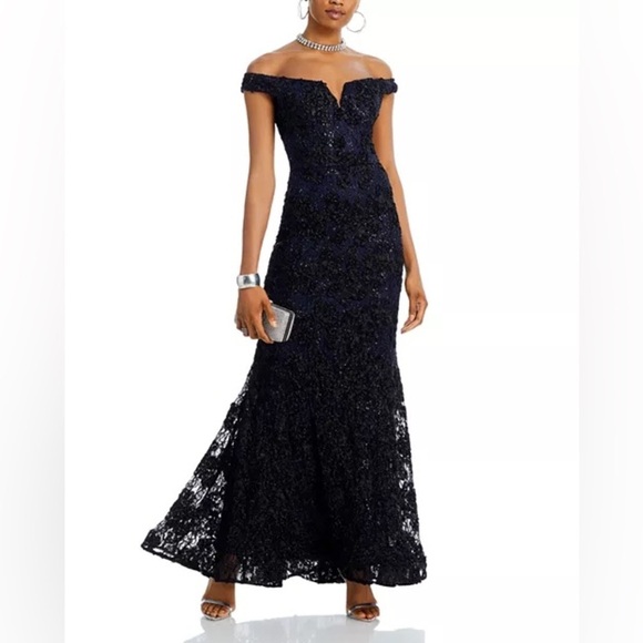 Aqua 
Off-the-Shoulder Embellished Lace Gown - Exclusive - Picture 2 of 12